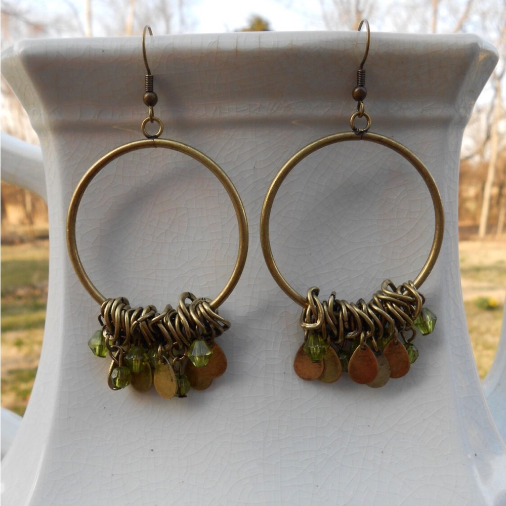 New Hoop Earrings Large Hoops Earrings Gold Tone Green Beaded Charm Jewelry